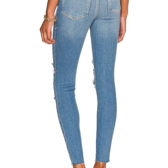 Good American Good Waist Distressed Raw Hem Skinny Jeans Size 0/25 Indigo016 - Picture 7 of 7